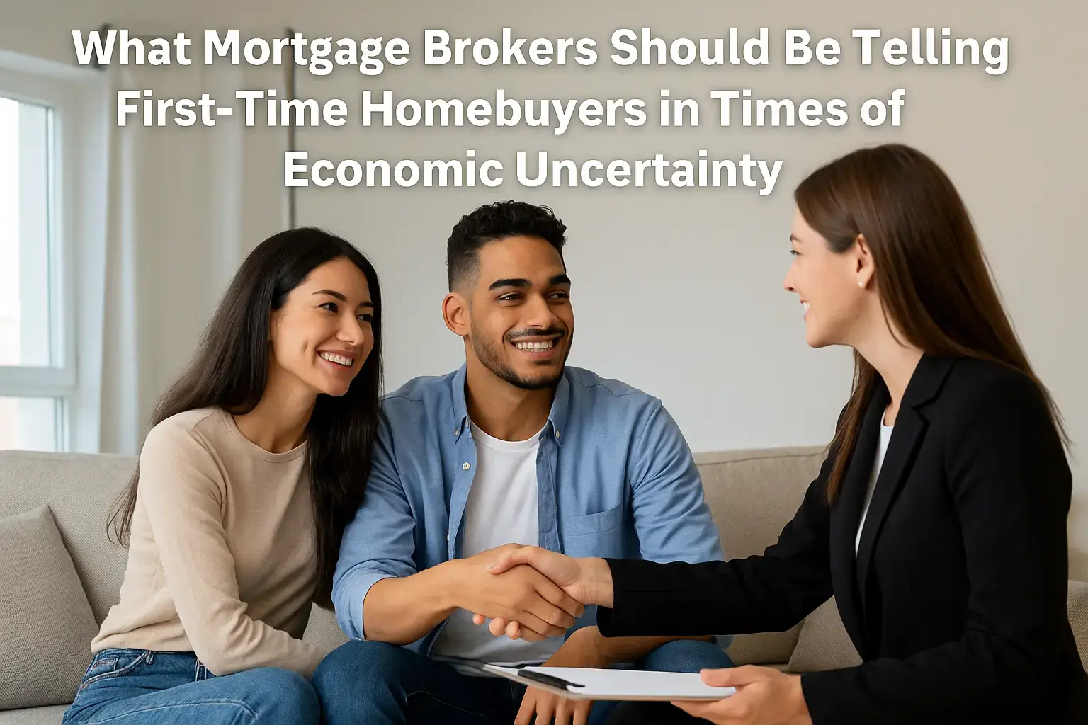 Young couple meeting with mortgage broker to discuss first-time homebuying during economic uncertainty