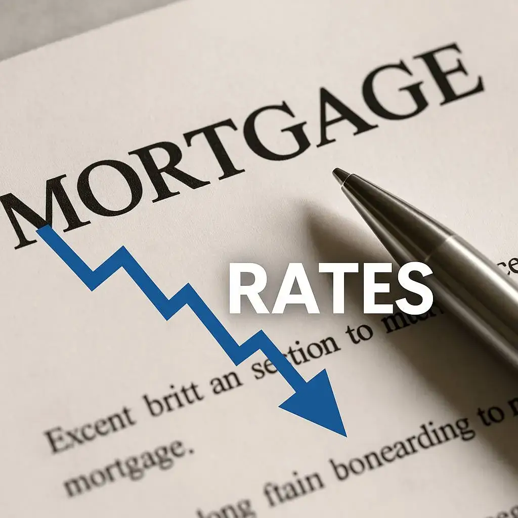 Photograph of mortgage document with downward arrow indicating falling mortgage rates