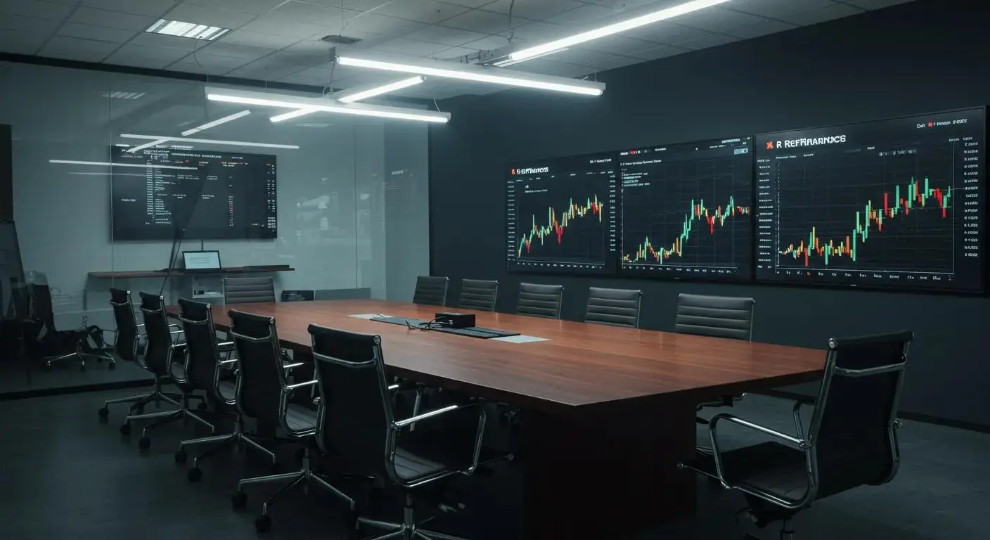 a sleek, modern office with a polished conference table set against a backdrop of large screens displaying fluctuating refinance rates, illuminated by bright overhead lighting that emphasizes the urgency of financial decision-making.
