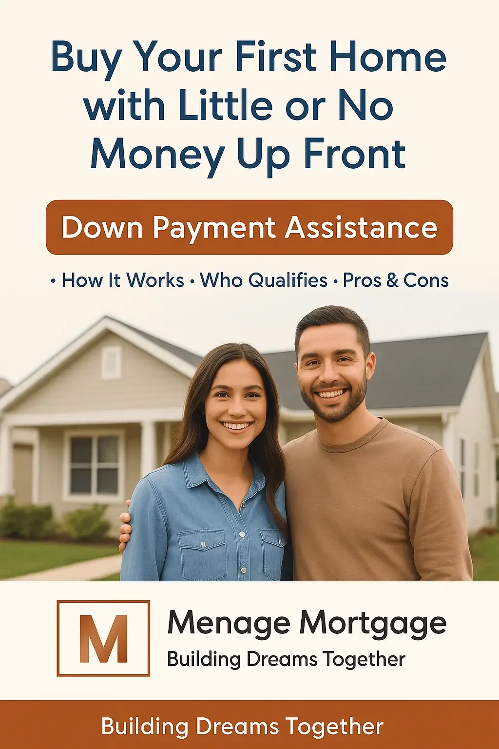 Smiling first-time homebuyer couple standing in front of their new home with Menage Mortgage branding and down payment assistance message.