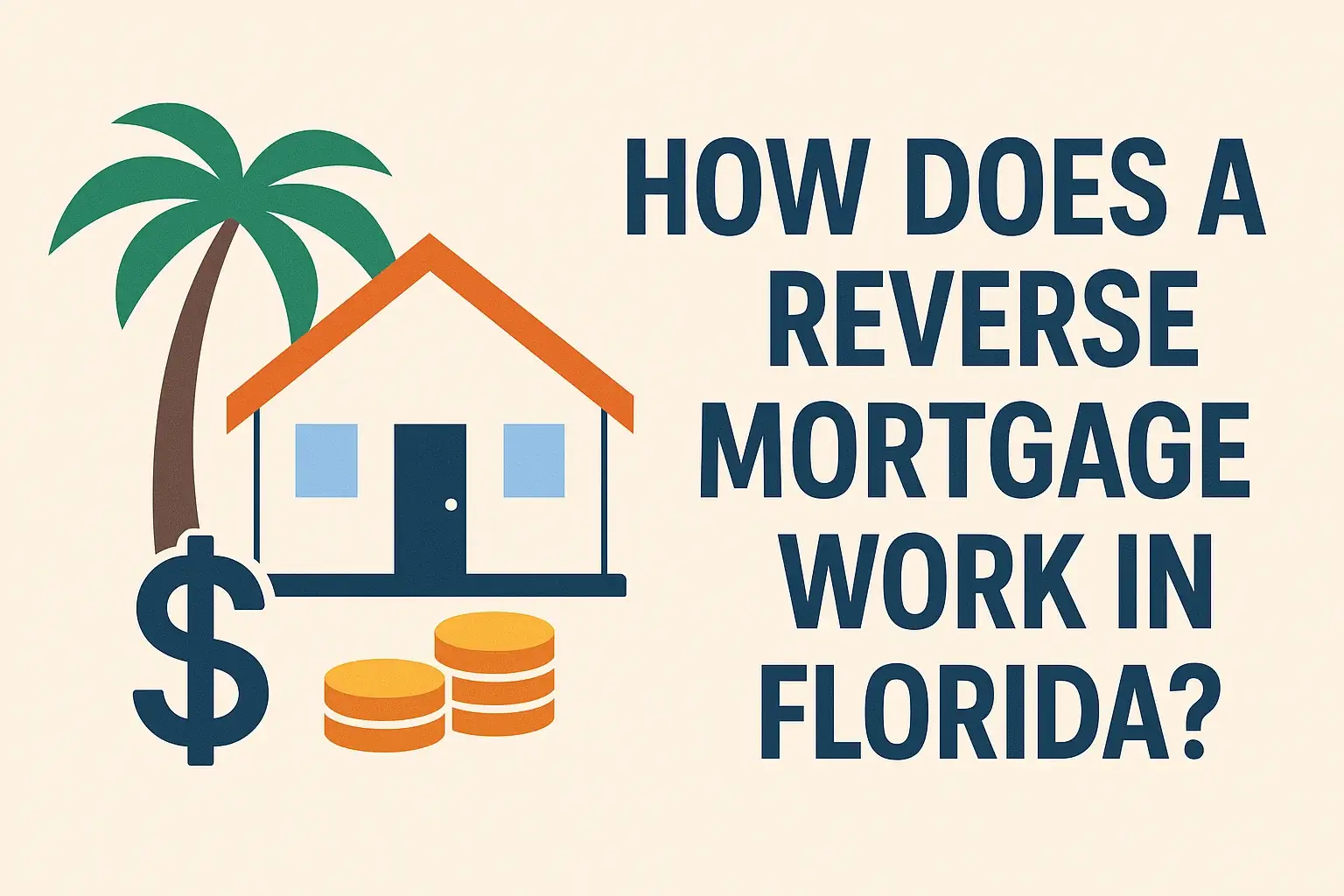 Illustration of a reverse mortgage in Florida featuring a house, palm tree, coins, and a dollar symbol with the question "How does a reverse mortgage work in Florida?" in bold text.